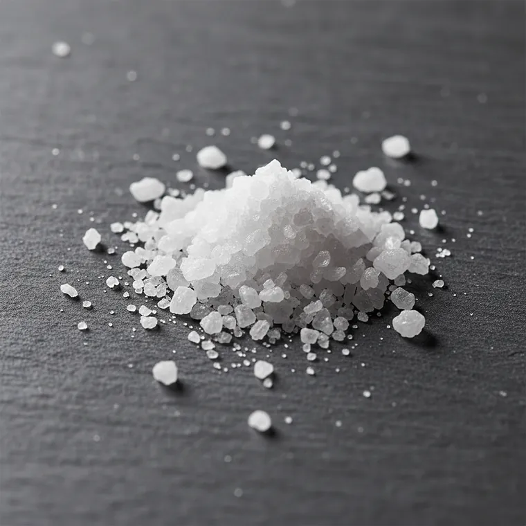 Coarse white salt crystals spilling on a dark surface
